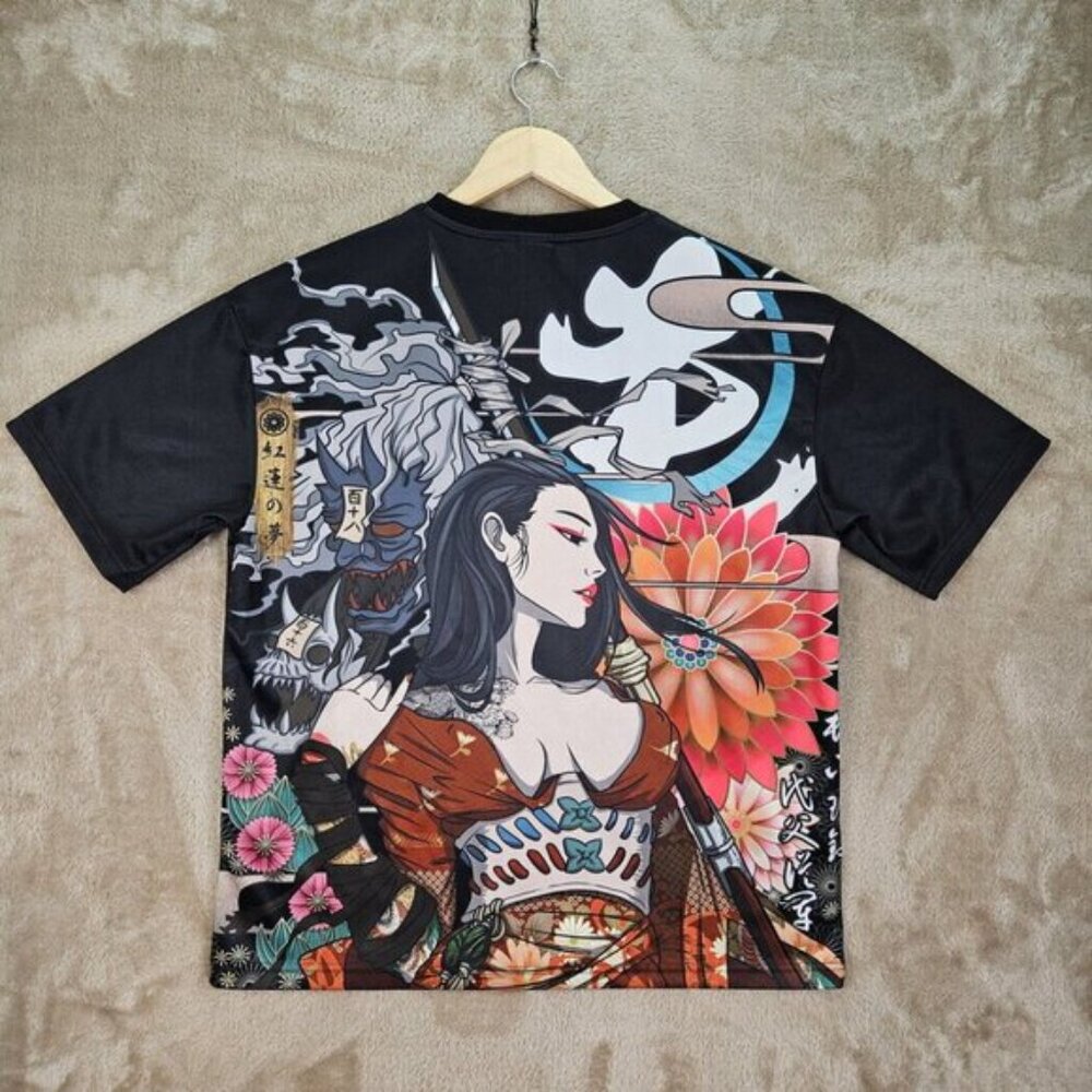 Mulan Samurai Geisha Tattoo Graphic Art Floral Japan Black T-Shirt Men’s Size M - Picture 4 of 11
